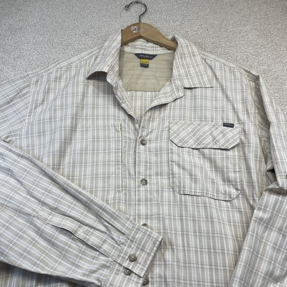 Eddie Bauer Shirt Mens TXL Tan Plaid Travex Long Sleeve Button Up Vented Hiking